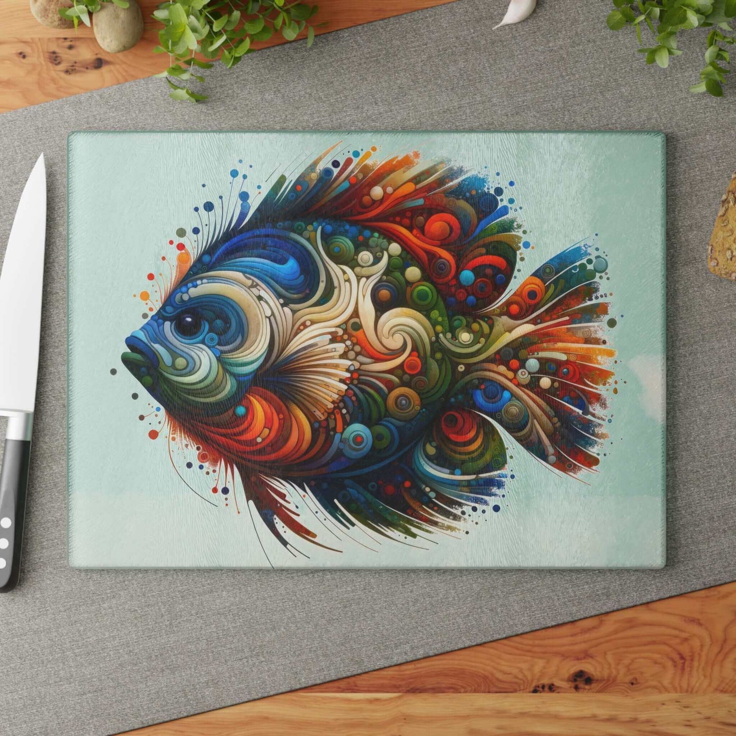 Crappie Psychedelic Abstract Glass Cutting Board with colorful fish design on kitchen counter with knife and greenery