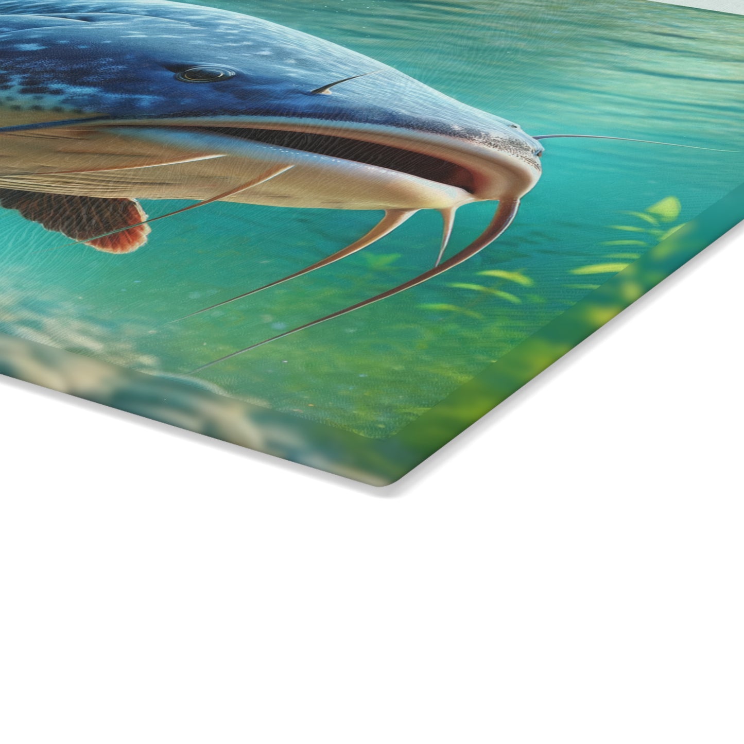 Catfish glass cutting board with vibrant fish design and tempered glass