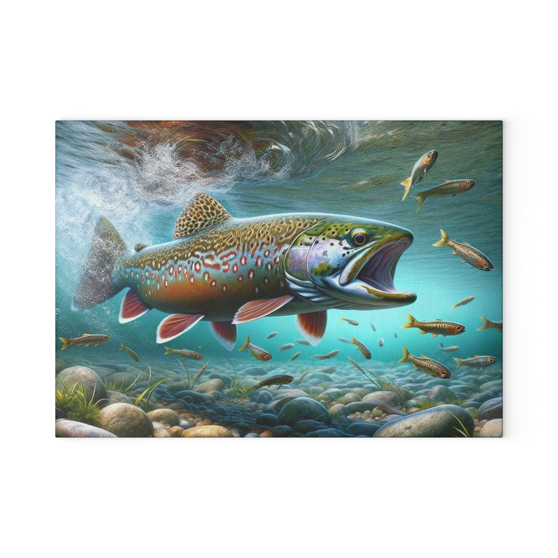 Artistic glass cutting board featuring a vibrant brook trout under water, surrounded by small fish. Perfect for food prep or serving dishes.