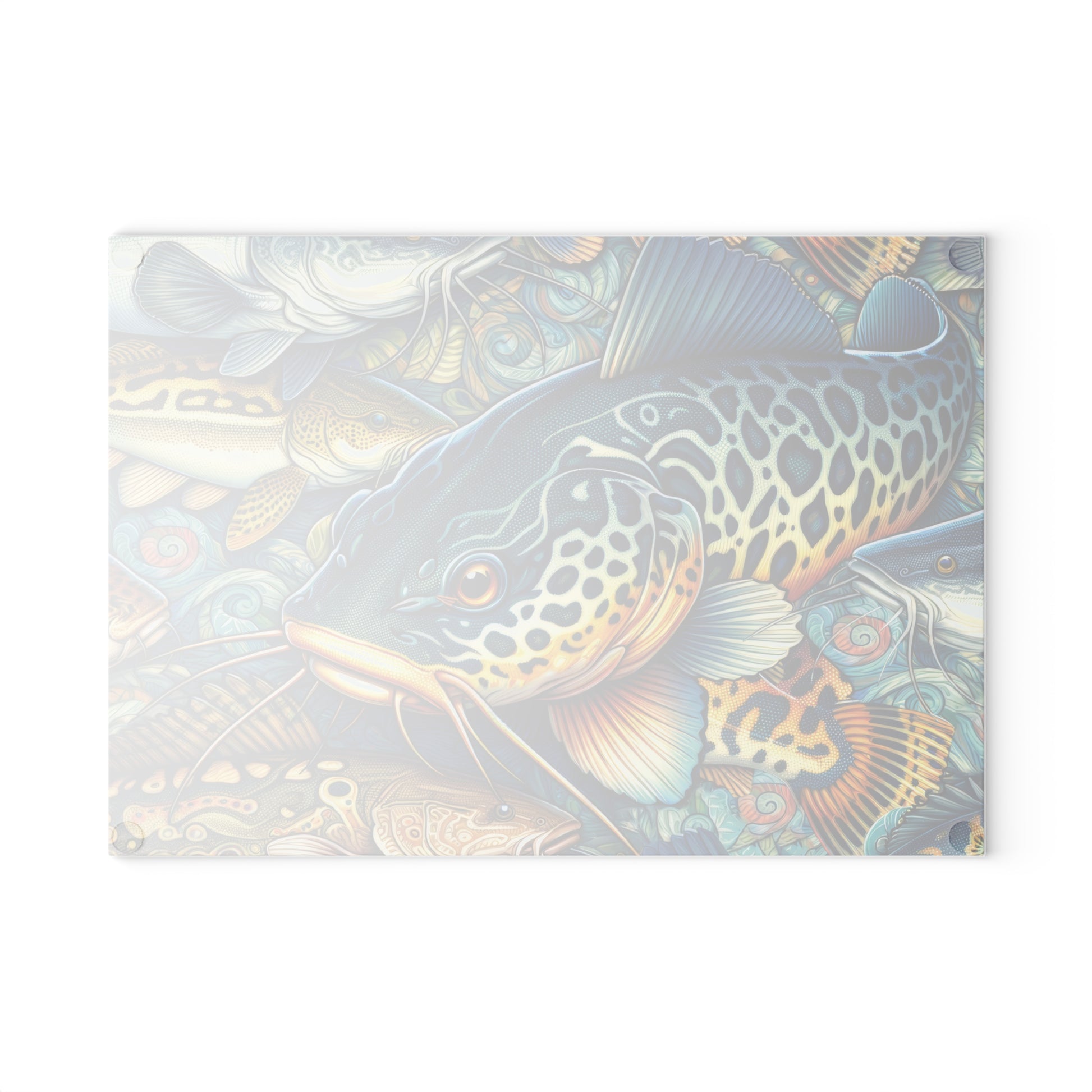 Vibrant catfish design on a tempered glass cutting board with colorful fish patterns