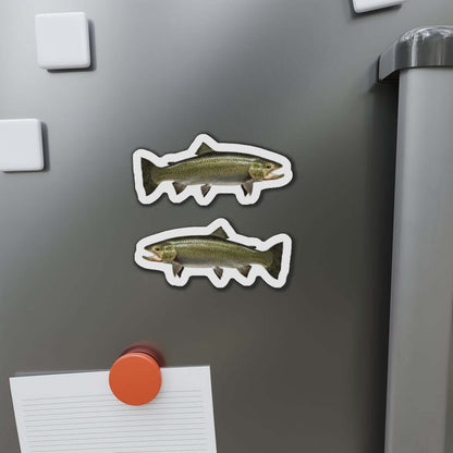 Cutthroat Trout fish-shaped magnets on a fridge, perfect for fish décor and fishing fridge magnets enthusiasts.