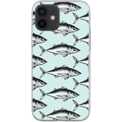 Phone case with fish pattern on light blue background, stylish phone accessory.