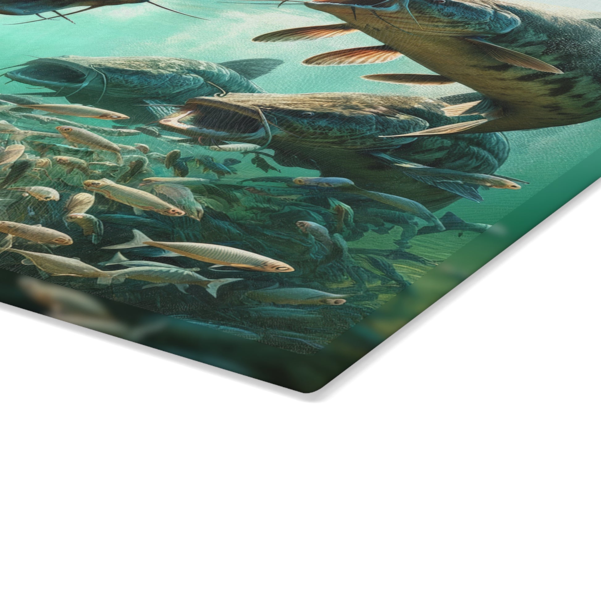 Vibrant catfish design on tempered glass cutting board, perfect for kitchen decor and food prep.