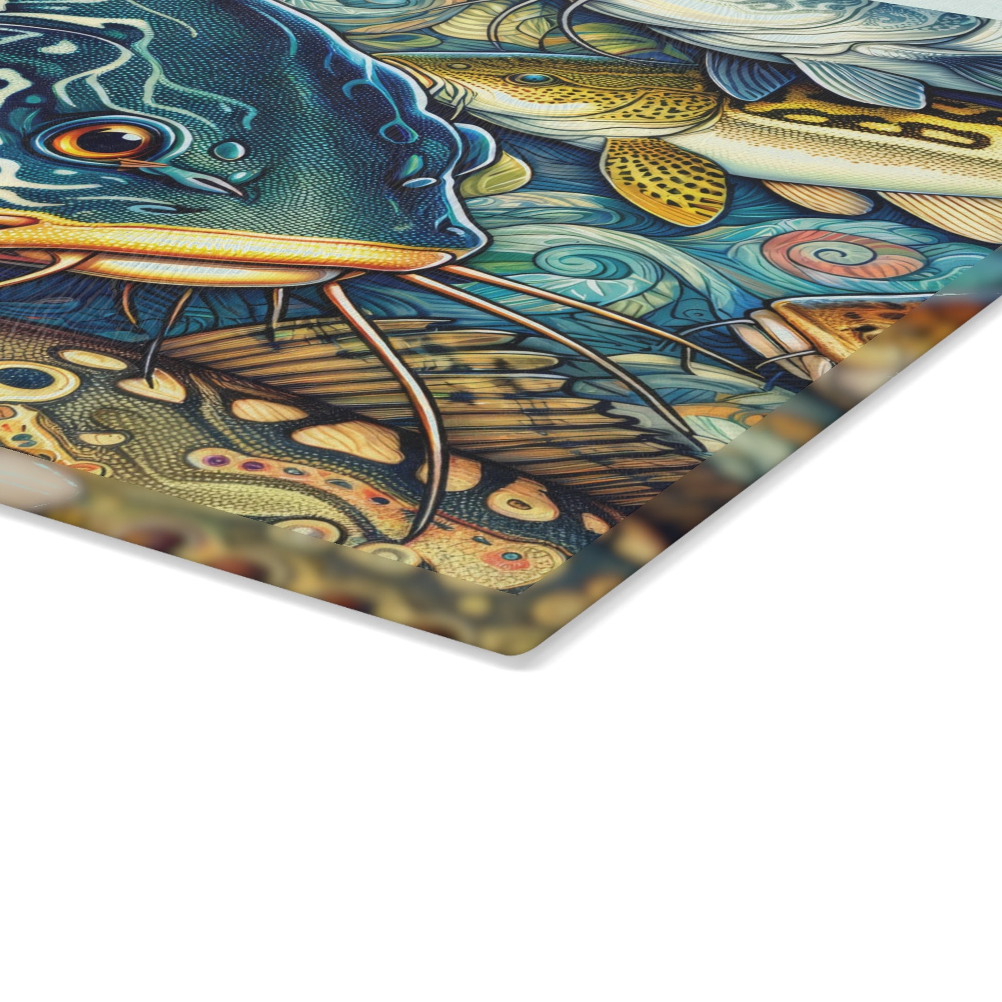 Vibrant catfish design on tempered glass cutting board with non-slip padding. Perfect for kitchen decor and food prep.