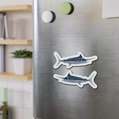 Two Striped Marlin fish magnets on a fridge, adding a touch of fish décor to the kitchen.