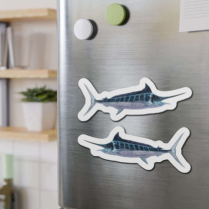 Striped Marlin fish shaped magnets on a fridge, perfect for fish décor and fun kitchen magnets.