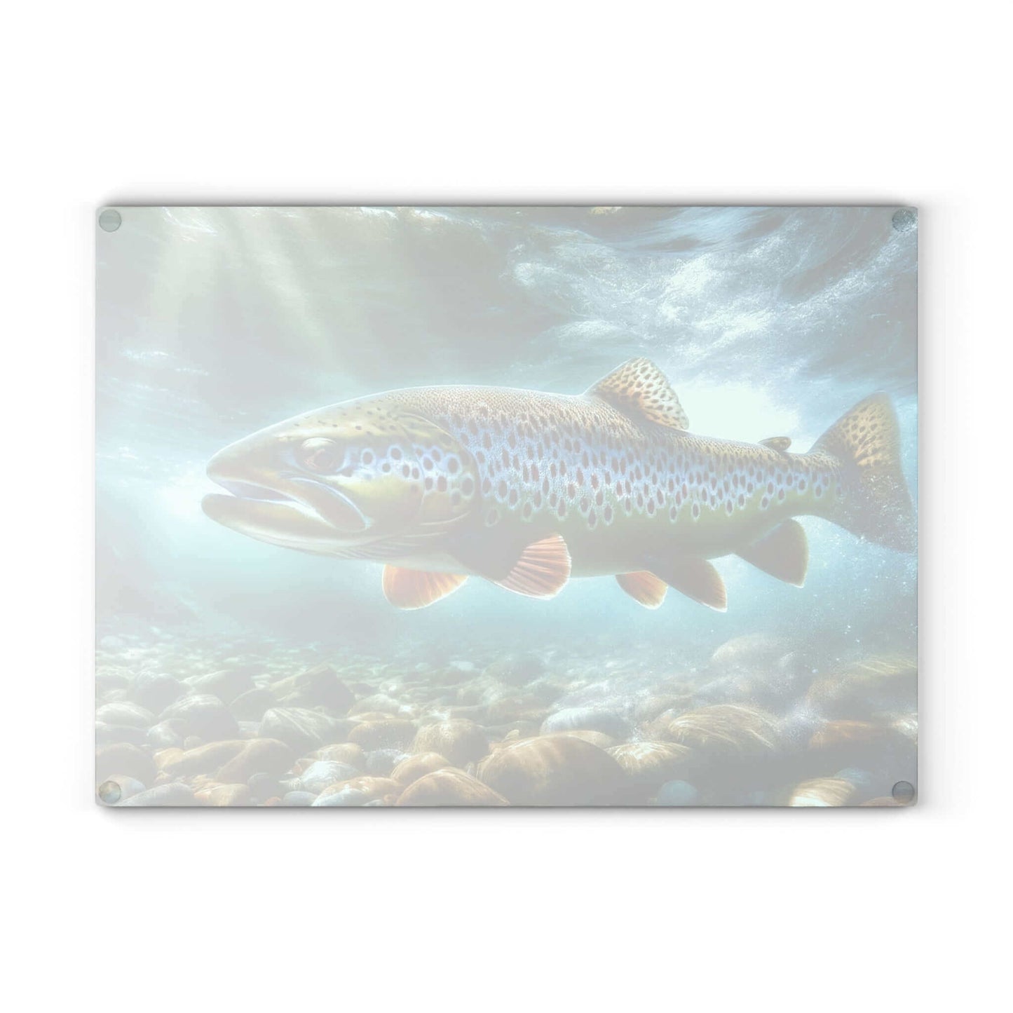 Brown Trout Glass Cutting Board with vibrant fish design submerged in water.