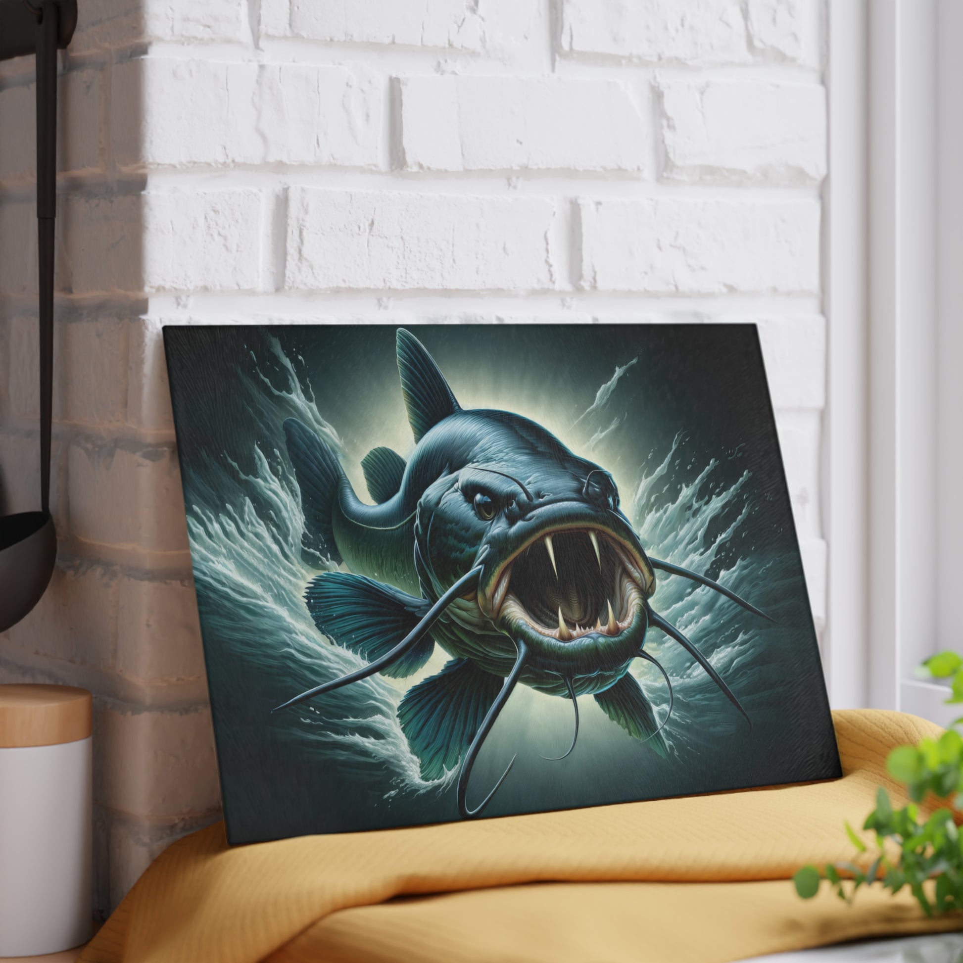 Artistic painting of a fierce catfish displayed on a stand, adding a dynamic touch to a white brick background.