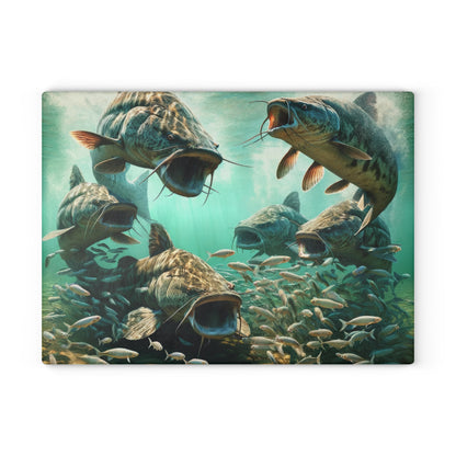 Colorful catfish swimming underwater on a vibrant glass cutting board