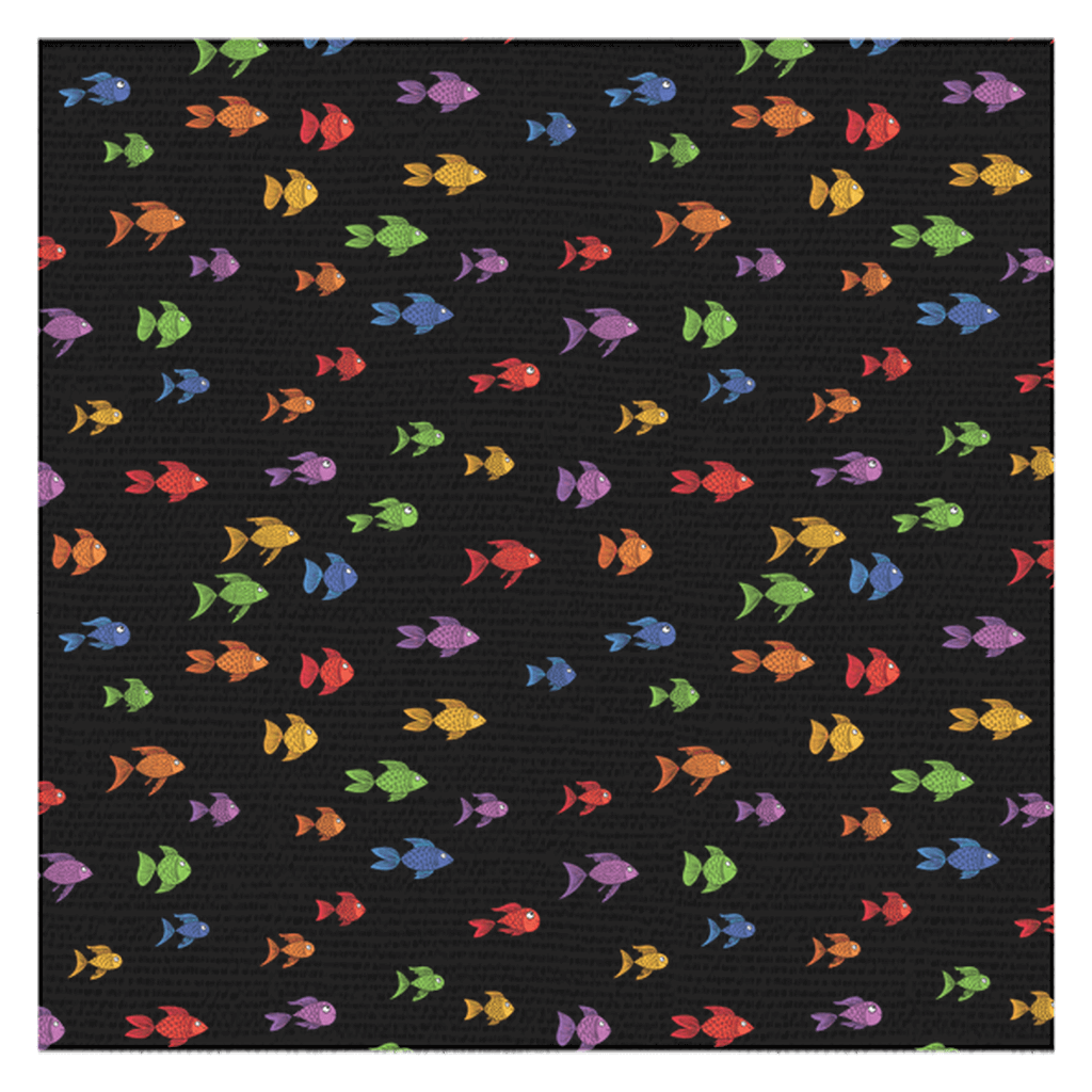 Colorful fish print tablecloth with black background.