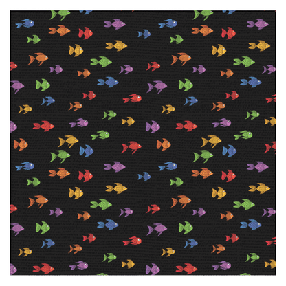 Colorful fish print tablecloth with black background.