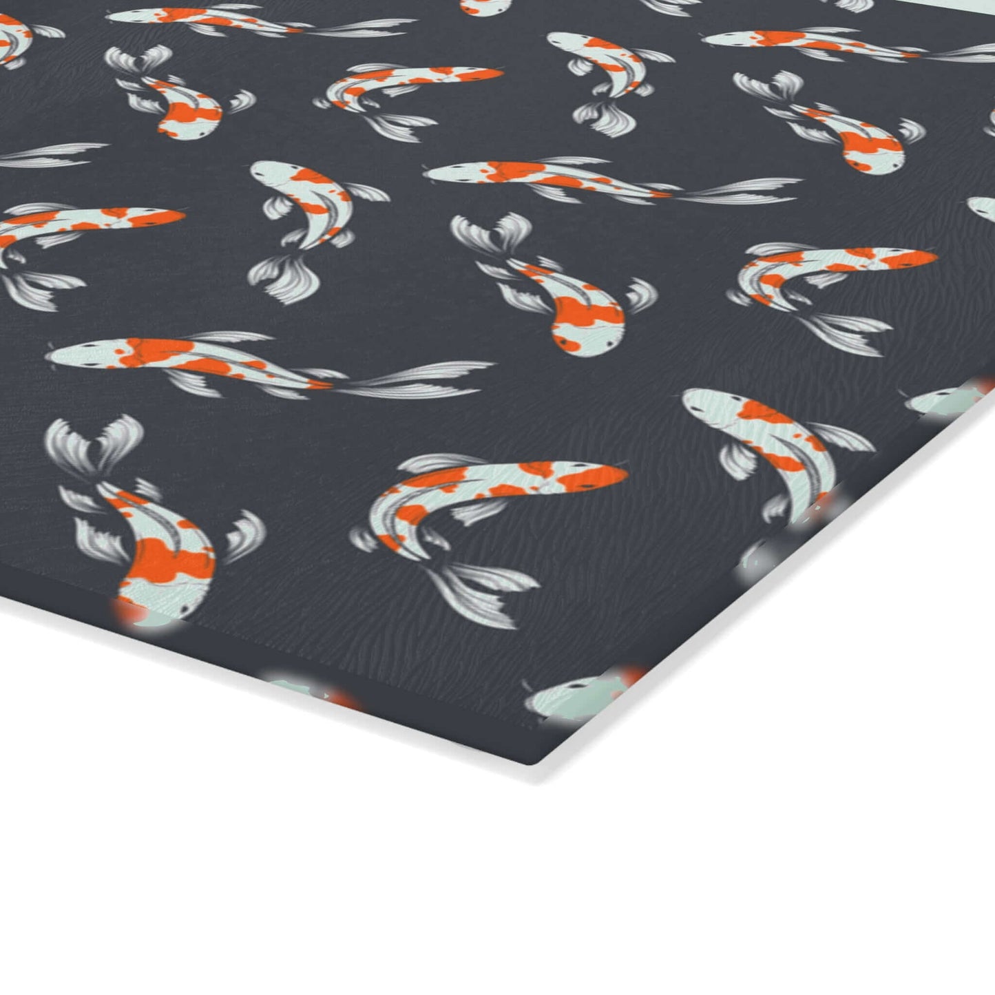 Carp and Koi Fish Glass Cutting Board with vibrant fish design on durable tempered glass surface for stylish kitchen decor.