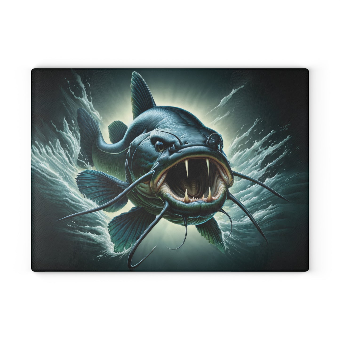 Vibrant catfish design on a stylish glass cutting board for kitchen decor