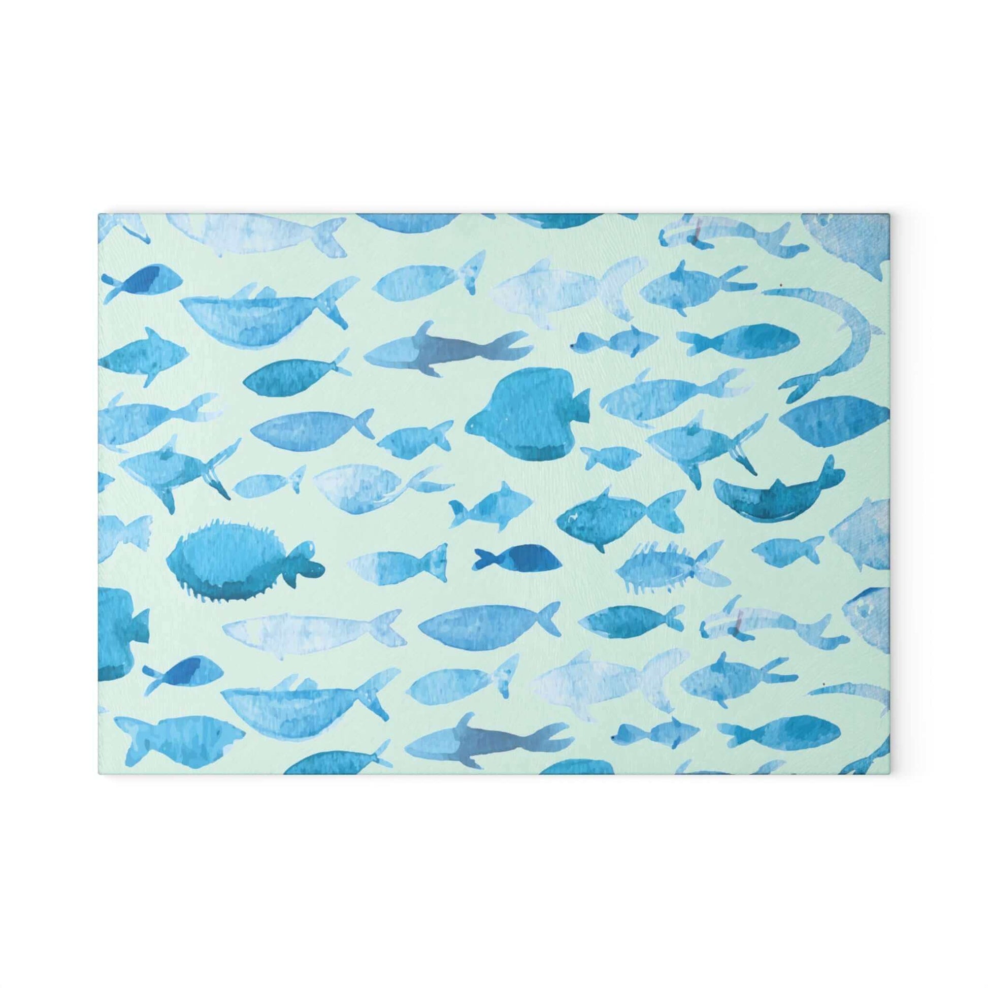 Blue Watercolor Fish Glass Cutting Board with Vibrant Fish Design