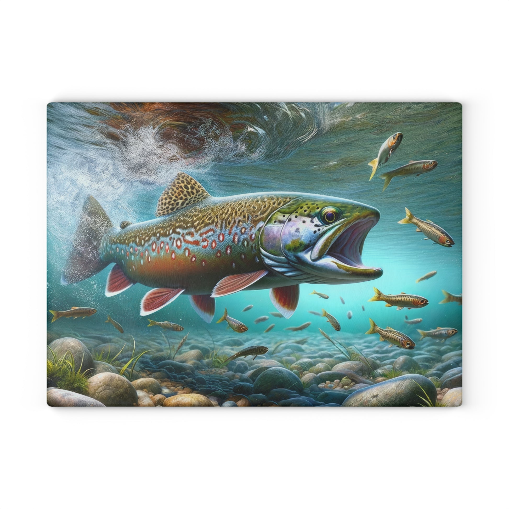 Brook Trout Glass Cutting Board with vibrant fish design for kitchen decor