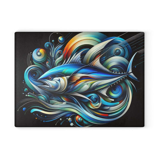 Vibrant Bluefin Tuna design on tempered glass cutting board with swirling colors, perfect for kitchen decor and food prep.