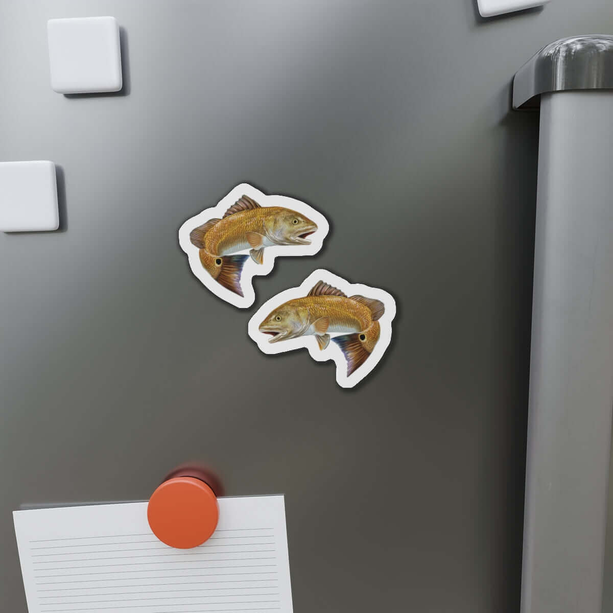 Red Drum fish shaped magnets on refrigerator surface, fun kitchen décor accessory for fishing enthusiasts.