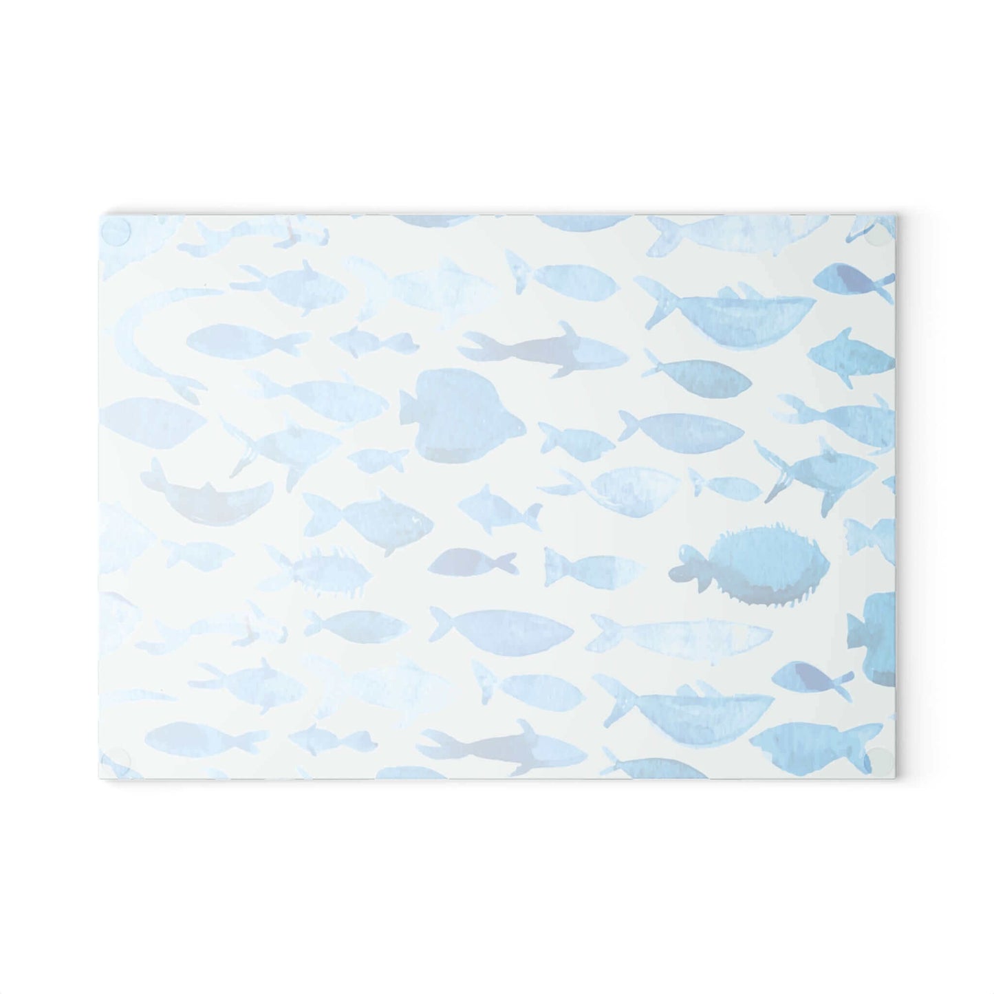 Blue Watercolor Fish Glass Cutting Board with vibrant fish design on tempered glass