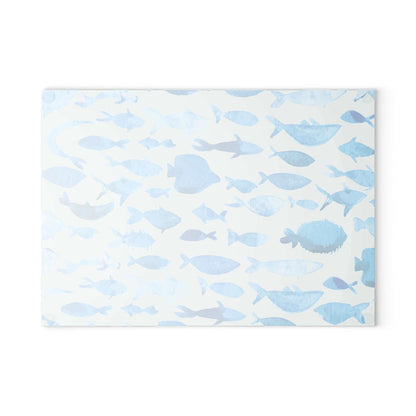 Blue Watercolor Fish Glass Cutting Board with vibrant fish design on tempered glass