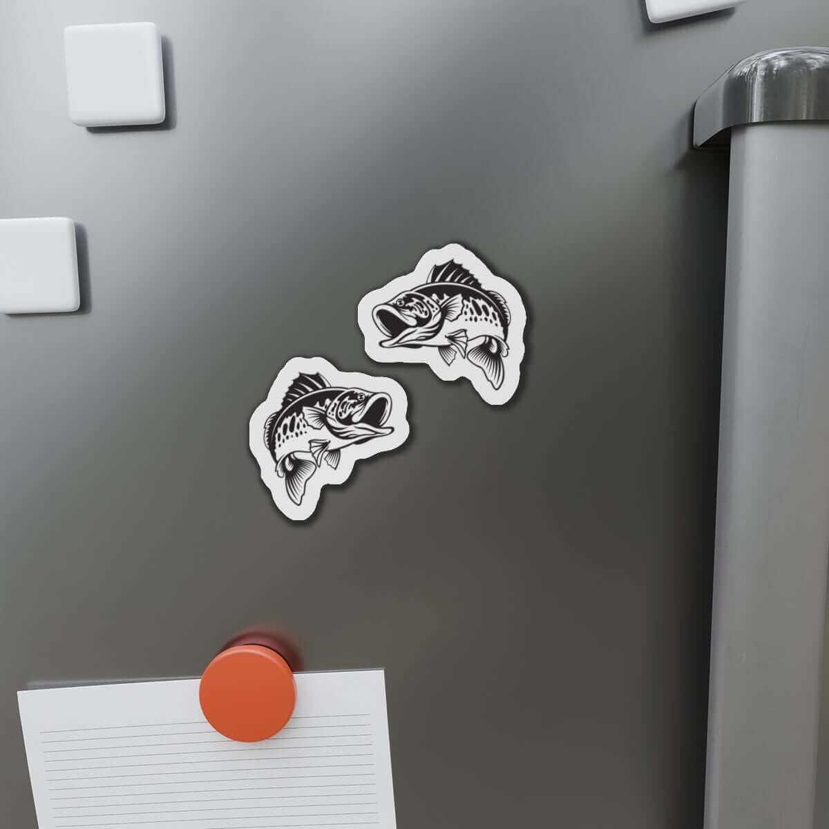 Smallmouth Bass fish shaped magnets on fridge door for fish décor and fun kitchen style.