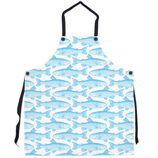 Light blue apron with charming grayling fish pattern showcasing nature's elegance, perfect for fishing enthusiasts and nature lovers.