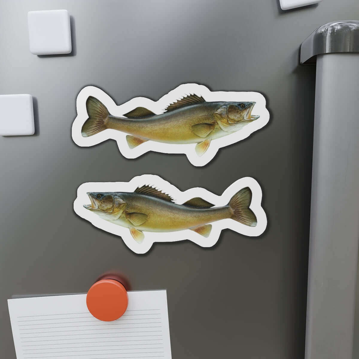 Walleye fish shaped magnets on a refrigerator door, perfect for fish décor and fun kitchen magnets.