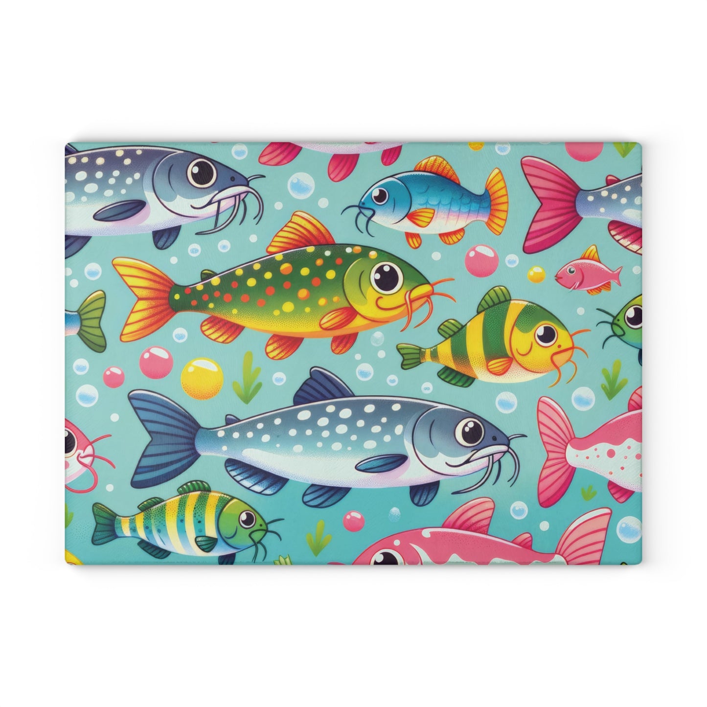 Colorful catfish glass cutting board with vibrant fish design