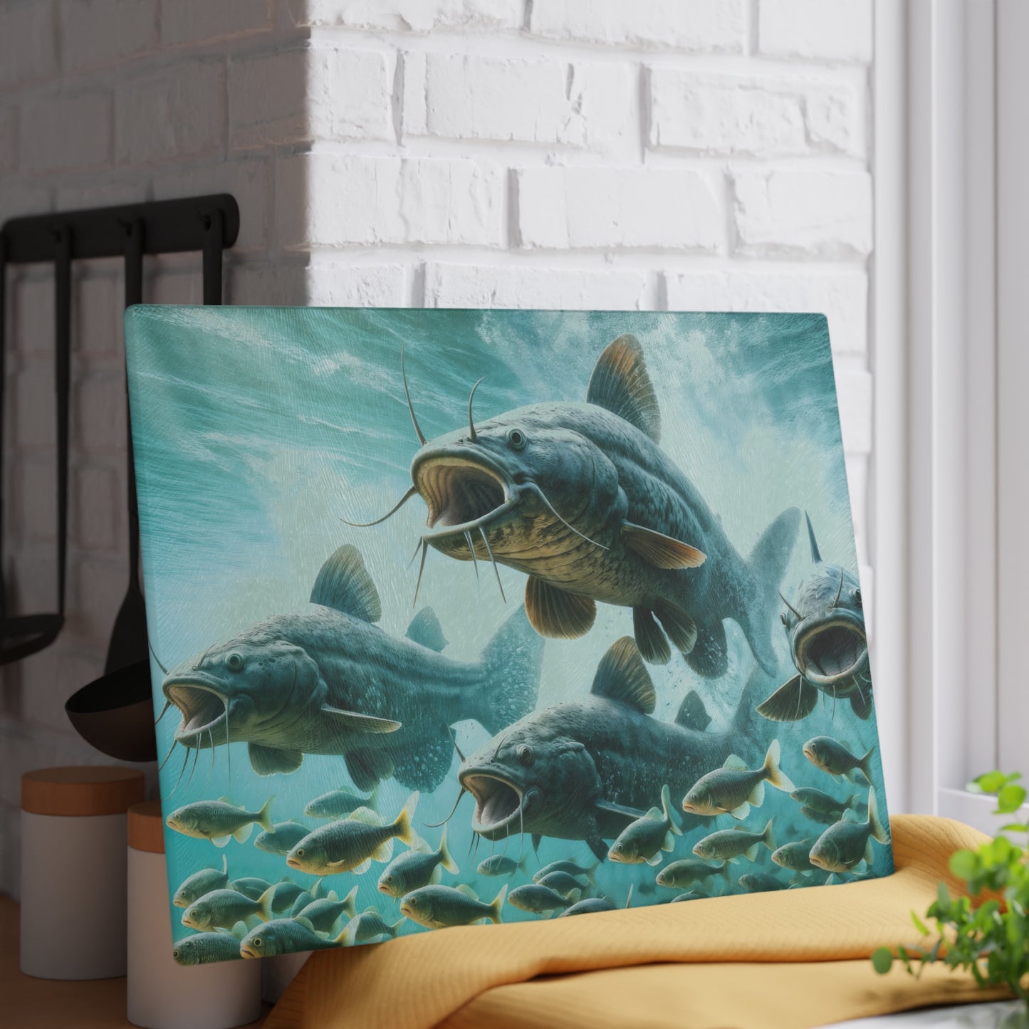 Catfish glass cutting board with vibrant fish design displayed in a kitchen setting.