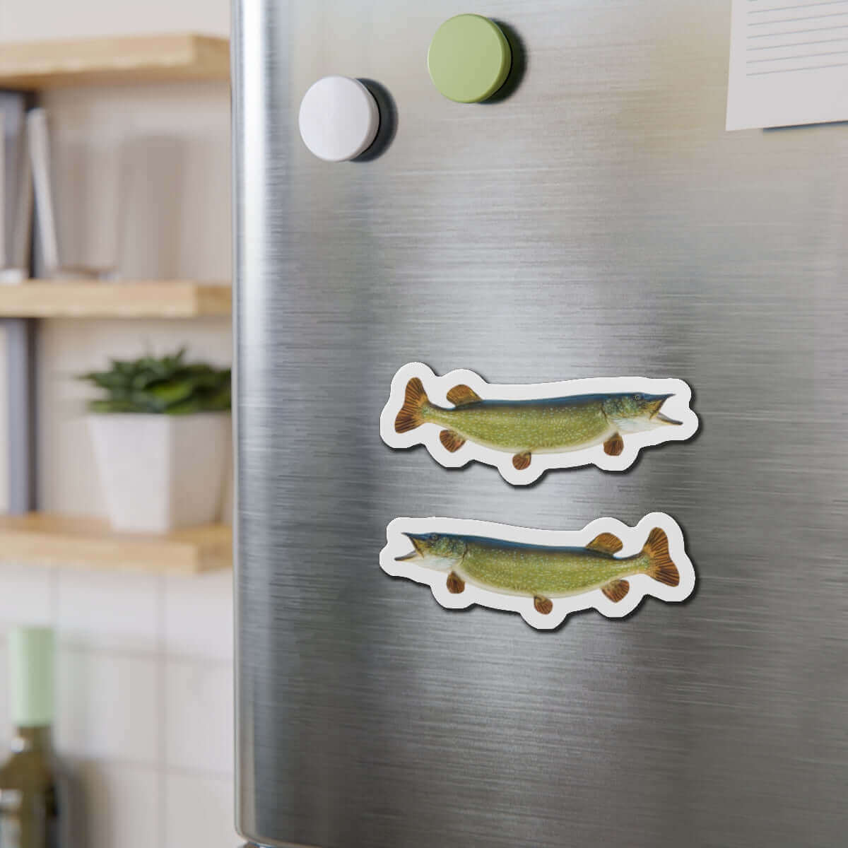 Northern Pike fish shaped magnets on a fridge, perfect for fish décor and fun kitchen magnets.