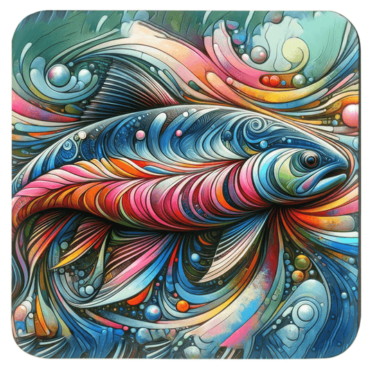 Colorful Trout abstract coaster from unique drinking coaster set, featuring vibrant fish design.