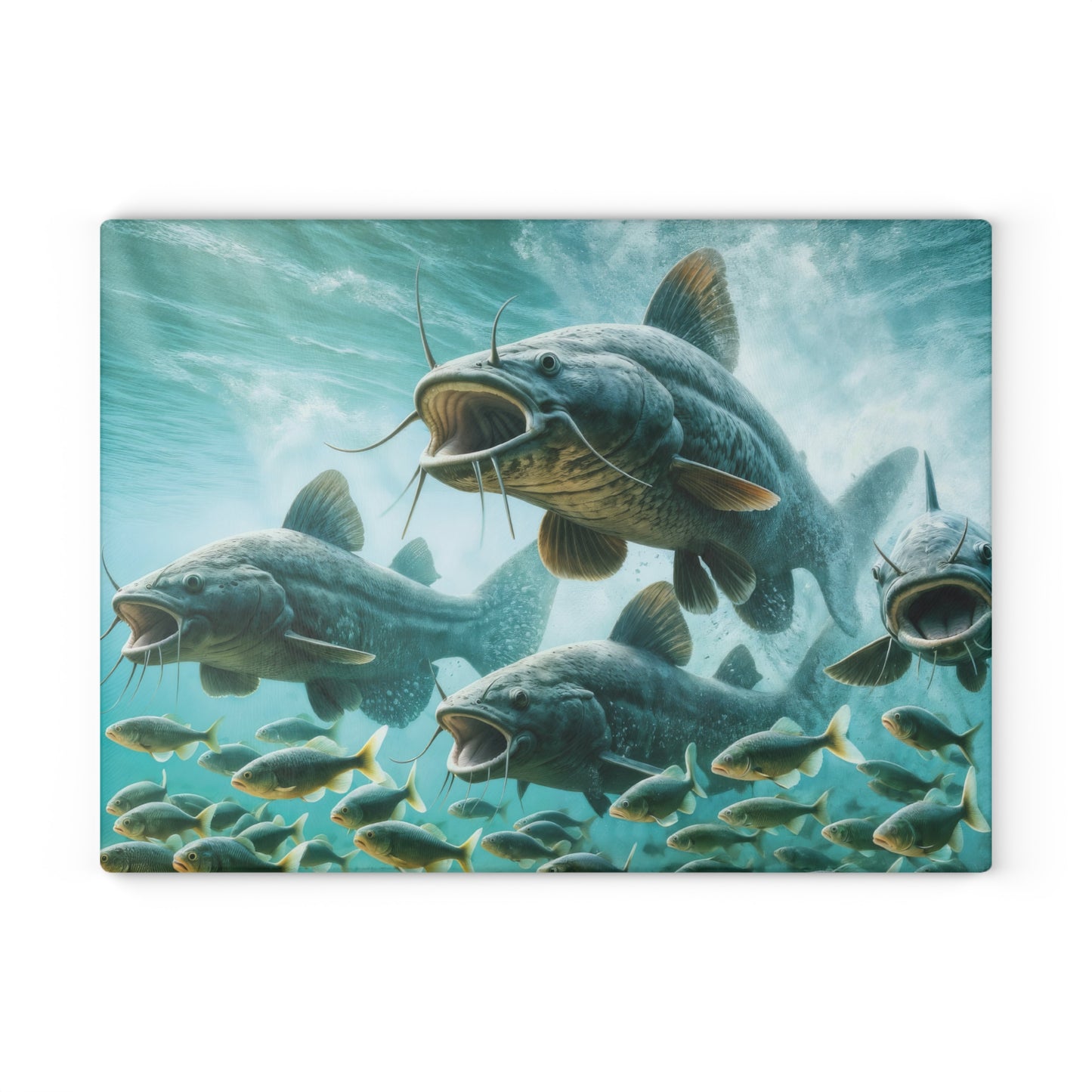 Vibrant catfish design on tempered glass cutting board, perfect for adding a stylish and functional accent to your kitchen decor.