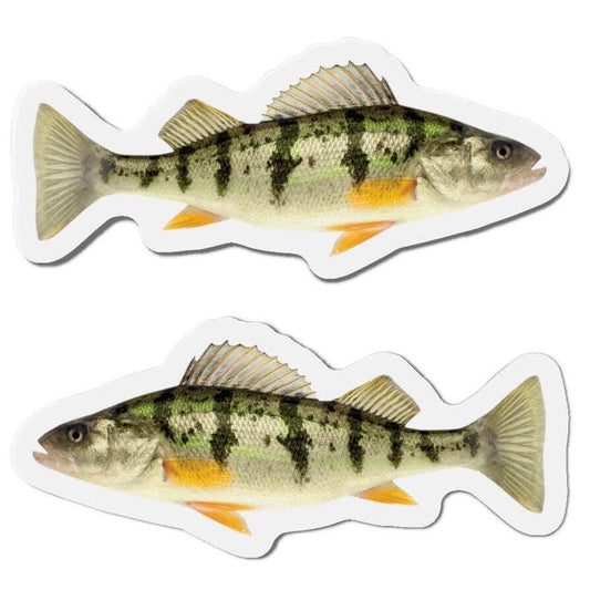 Yellow Perch fish-shaped magnets for fun fridge décor, left and right-facing designs for fishing fans.