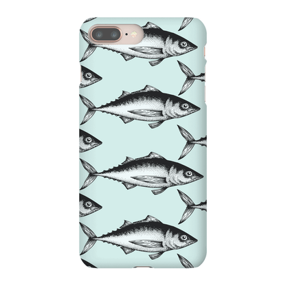 Phone case with black and white fish pattern on a light blue background.