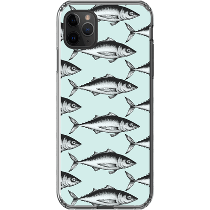 Fish pattern phone case with a light blue background and black fish illustrations, designed for a stylish phone accessory.