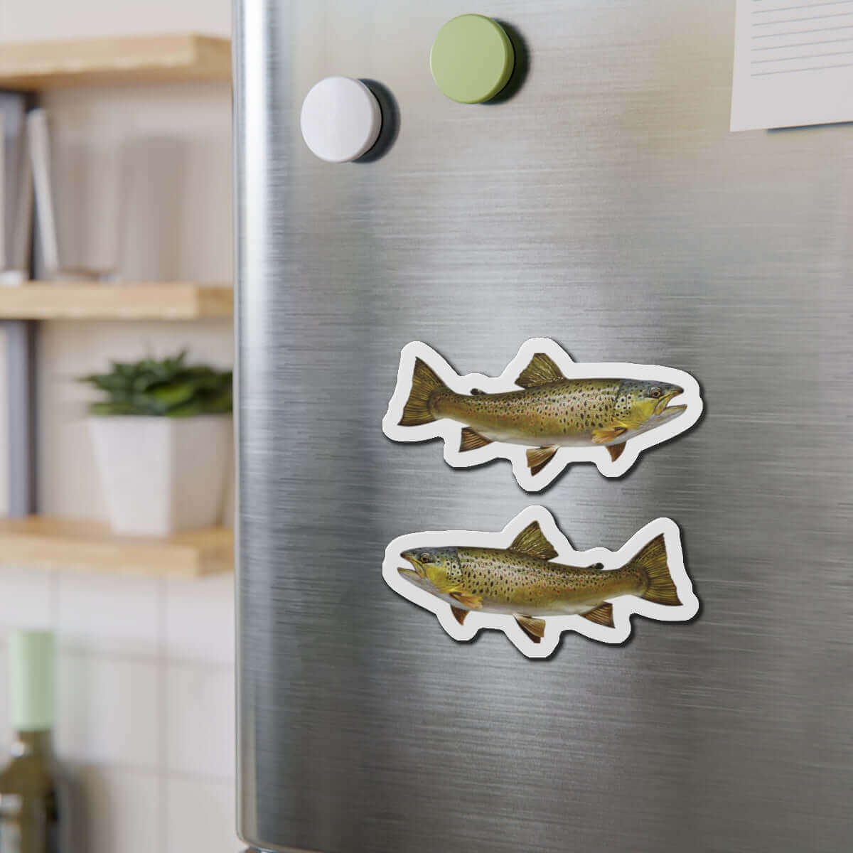 Brown Trout fish shaped magnets on a refrigerator door, adding natural flair and fun kitchen décor.