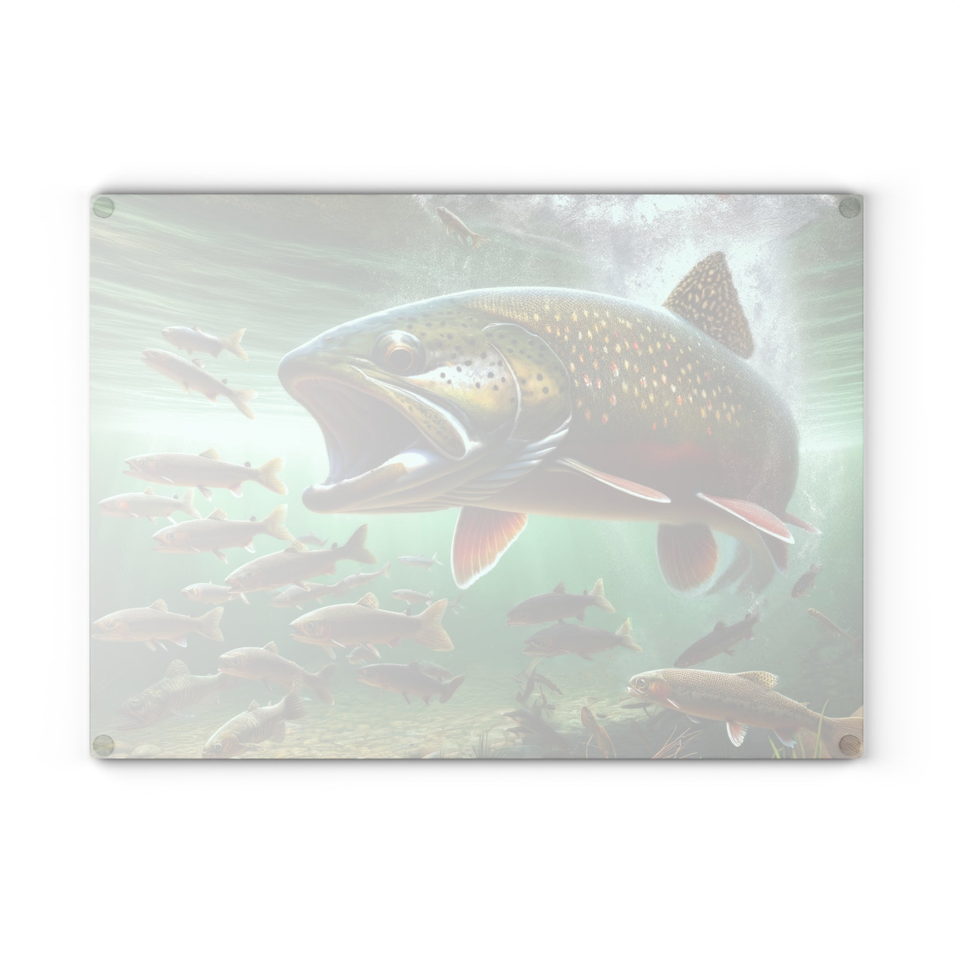 Brook Trout glass cutting board with vibrant fish design in underwater scene. Durable, scratch-resistant tempered glass kitchen decor.