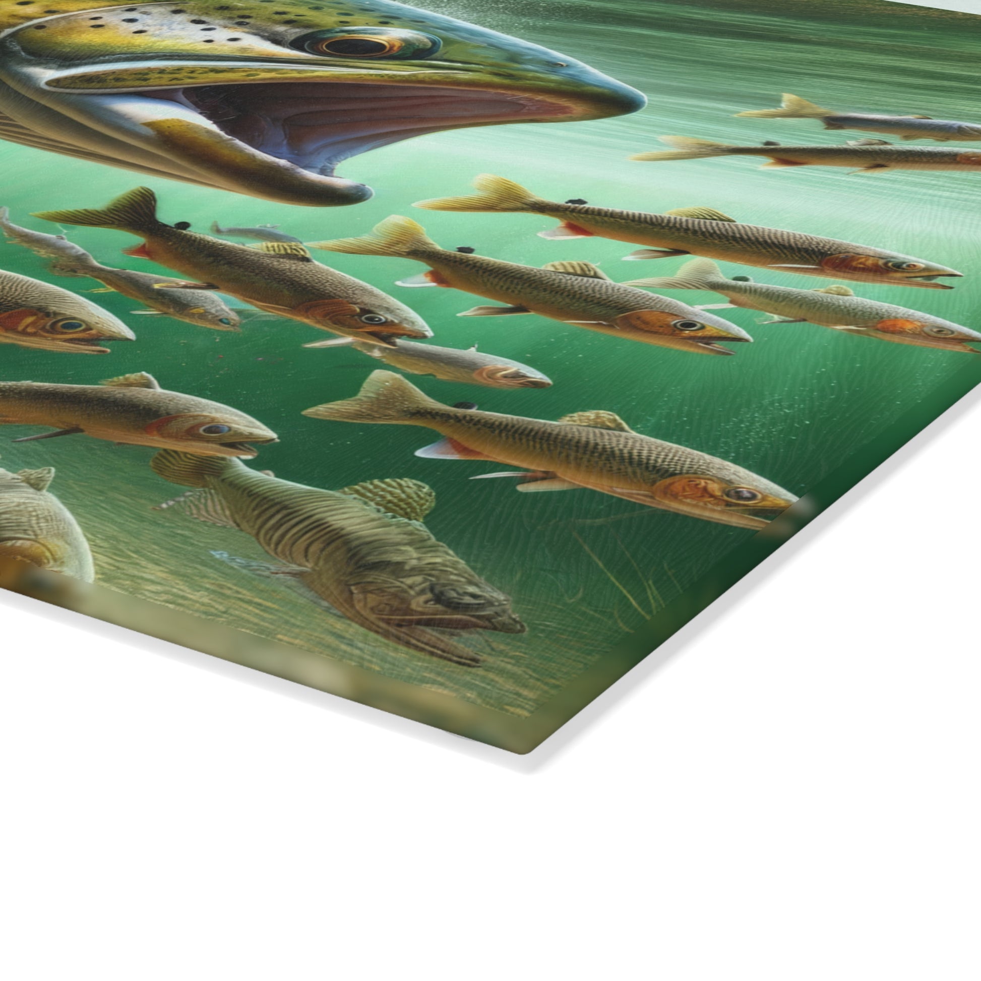 Close-up of a brook trout glass cutting board featuring a vibrant fish design with multiple fish swimming in green water.