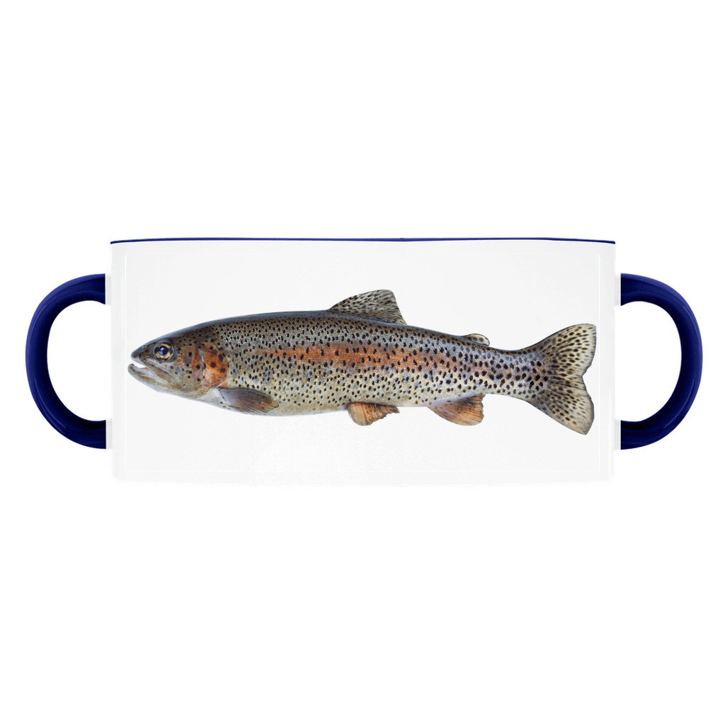 Rainbow Trout accent mug with dark blue handle and rim on white background.