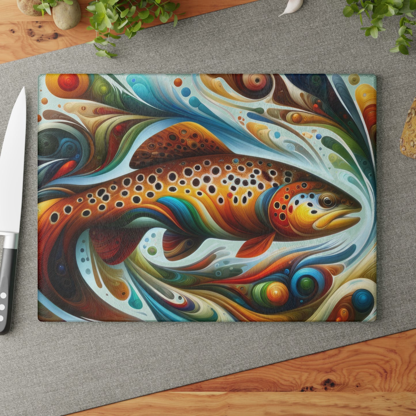 Psychedelic abstract glass cutting board with vibrant brown trout design, perfect for food prep, on kitchen counter with knife and greenery.