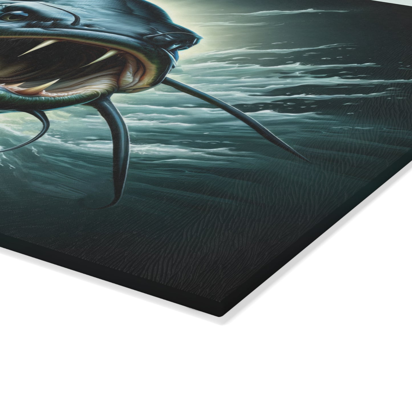 Close-up of Catfish Glass Cutting Board with vibrant fish design on durable tempered glass.