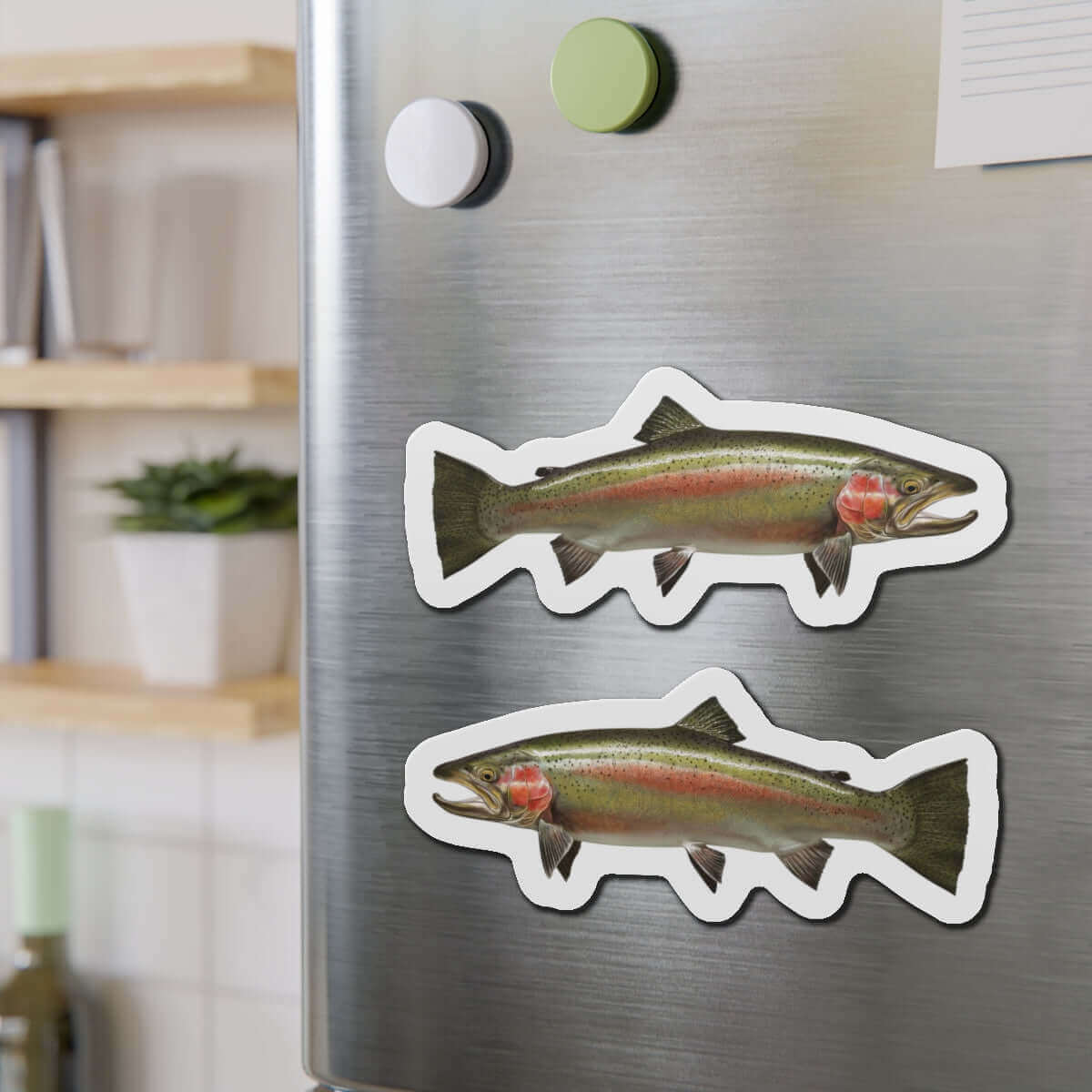 Steelhead Trout fish-shaped magnets on a fridge, perfect for fishing fans and fun kitchen décor.