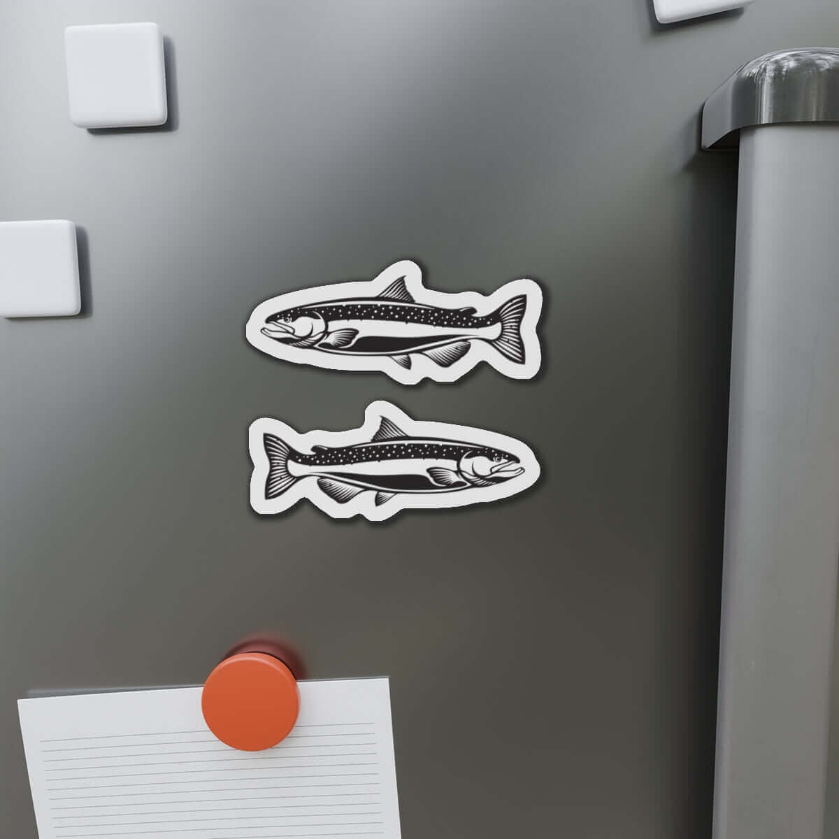 Chinook Salmon fish shaped magnets on fridge, perfect for fishing fans and fun kitchen décor.