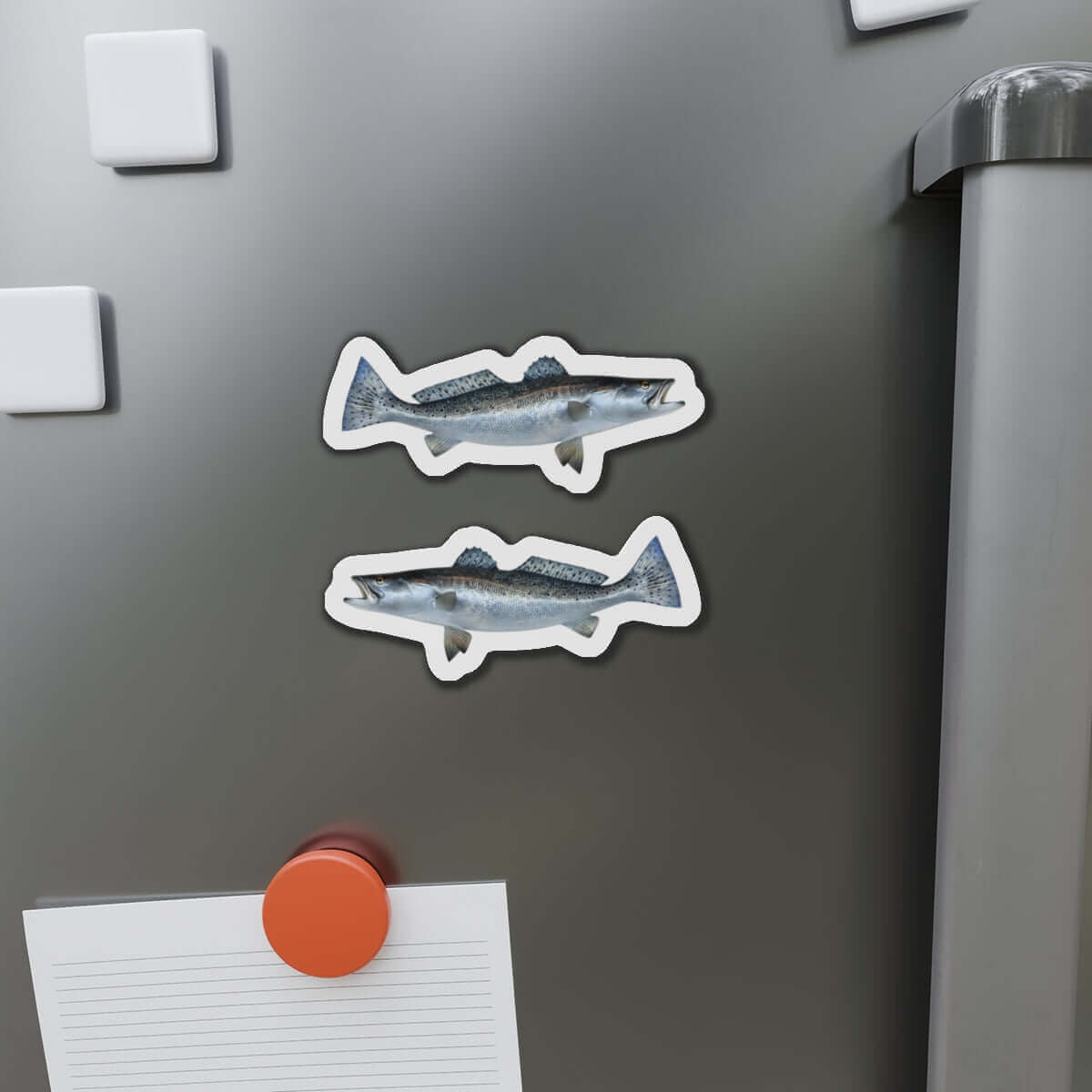 Spotted Seatrout fish shaped magnets on a gray refrigerator, perfect for fishing fans and fun kitchen décor.