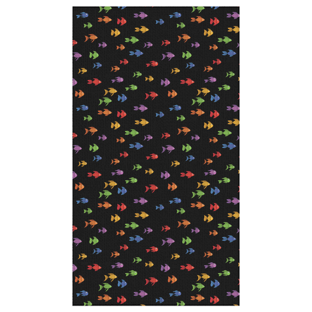 Vibrant Colorful Fish Tablecloth with multicolored fish pattern on a black background, perfect for adding an aquatic flair to any table.