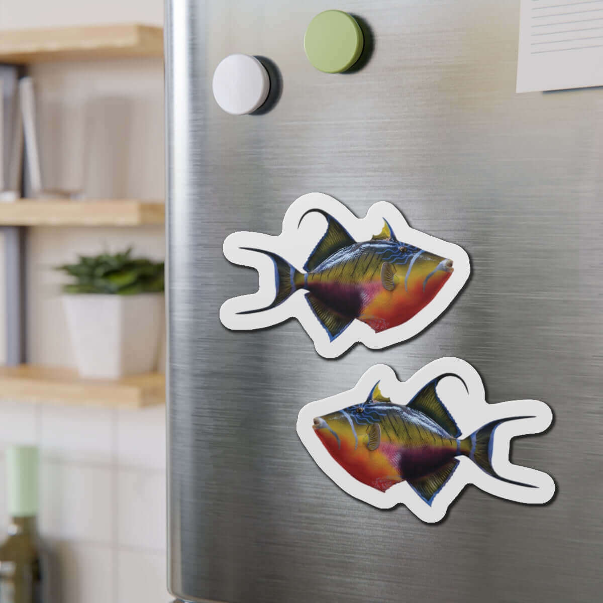 Triggerfish shaped magnets on a refrigerator, showcasing vibrant fish décor for fishing fans or water enthusiasts.