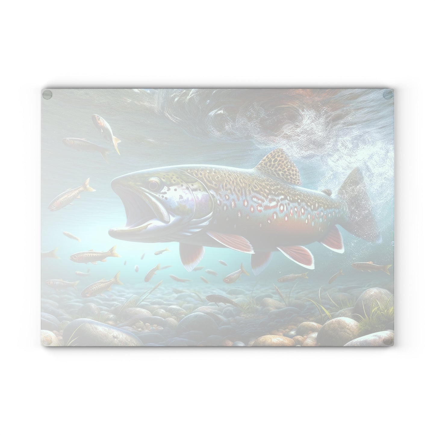 Brook Trout glass cutting board with vibrant fish design and underwater scene. Durable, scratch-resistant tempered glass surface.