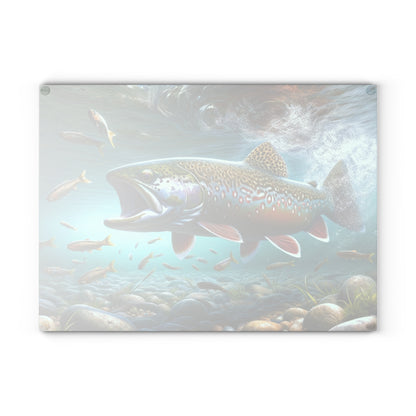 Brook Trout glass cutting board with vibrant fish design and underwater scene. Durable, scratch-resistant tempered glass surface.