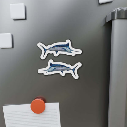 Blue Marlin fish shaped magnets on a fridge, perfect for fish décor and fun kitchen magnets.