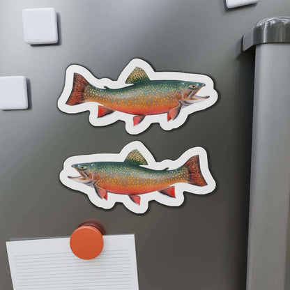 Brook Trout magnets on a fridge, showing a left-facing and a right-facing design with vibrant colors.