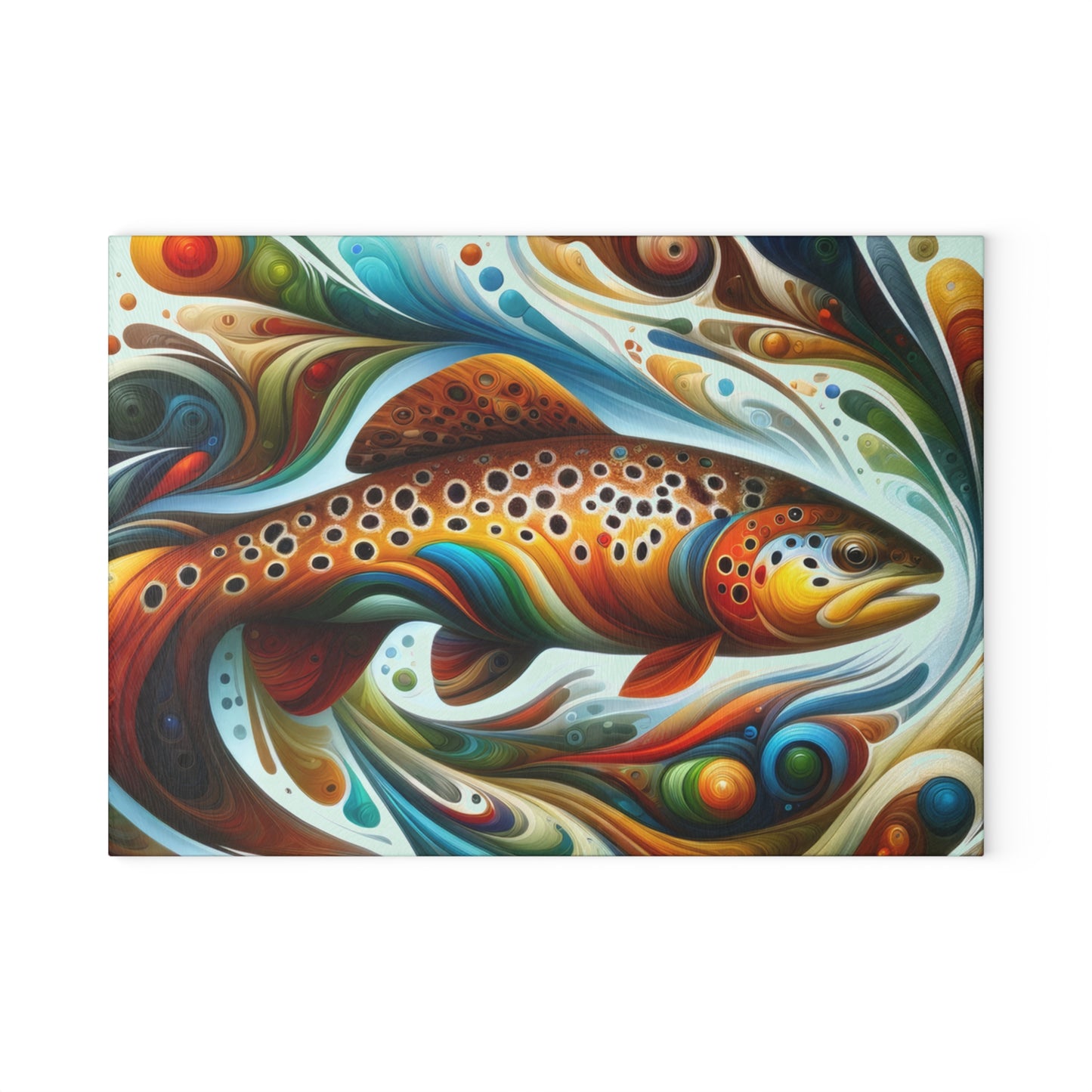 Psychedelic brown trout design on a vibrant glass cutting board.